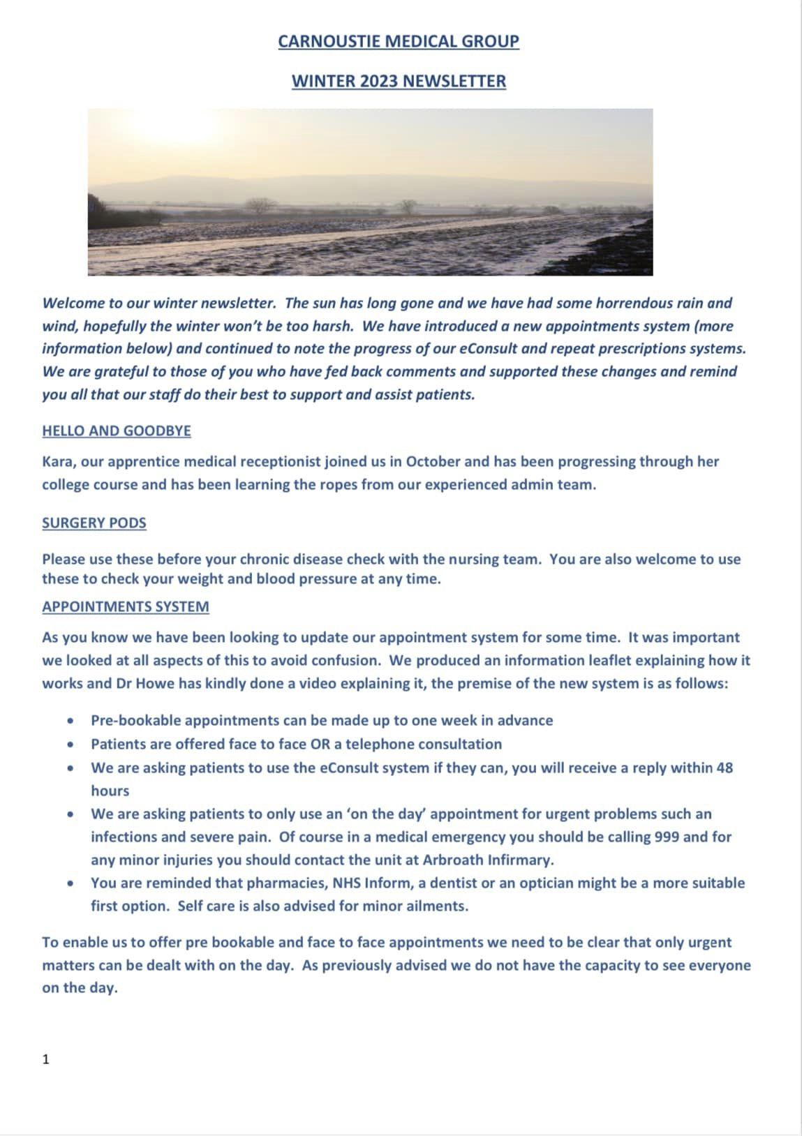 Front of the newsletter